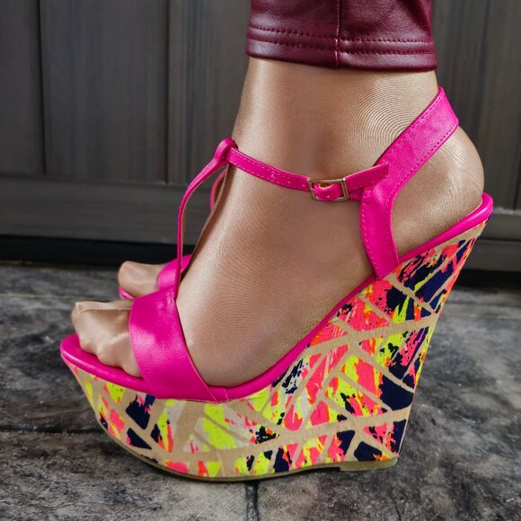 Hot Pink wedge sandals with almost 7 inch heel - Picture 3 of 11